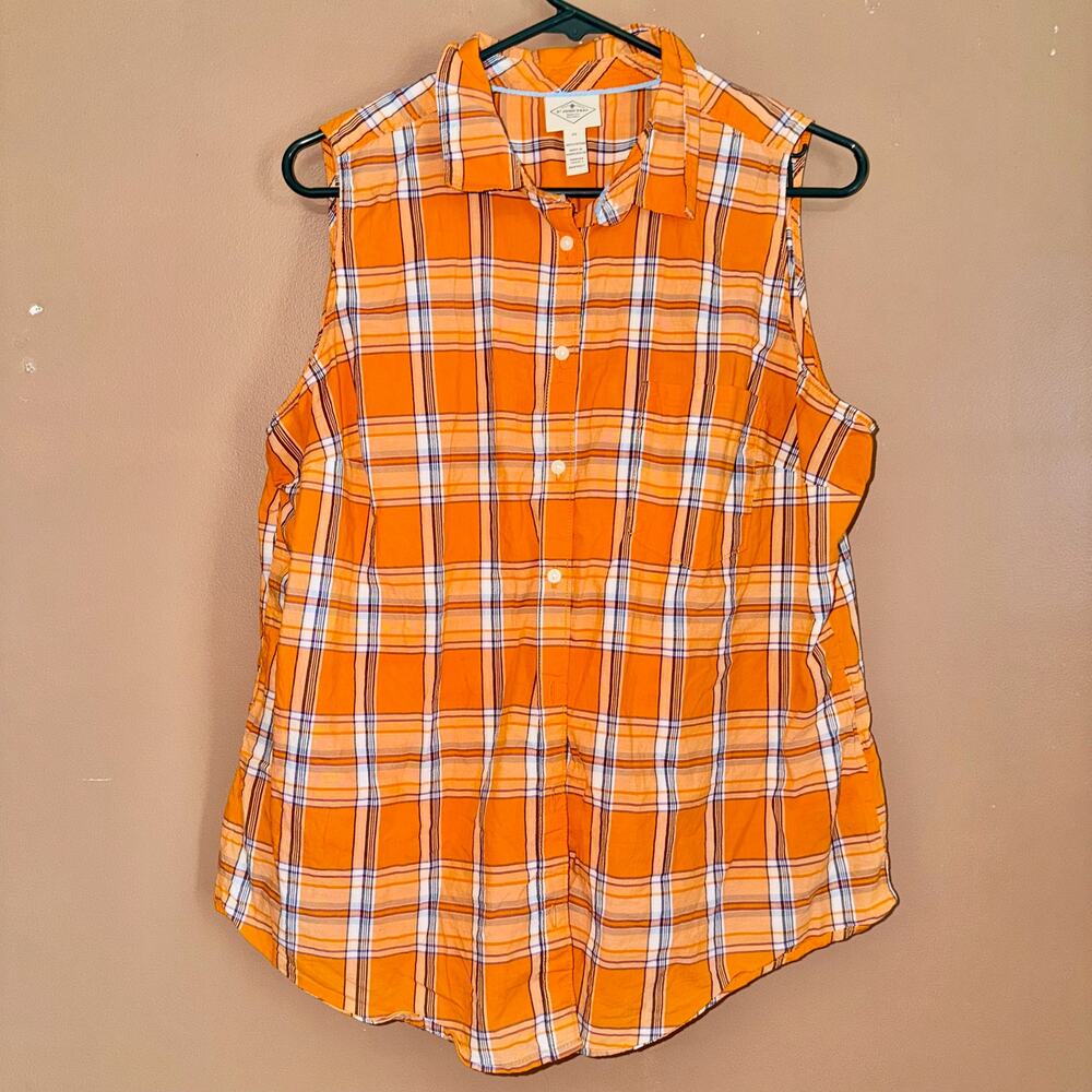 St. John's Bay Women's Orange Plaid Cutoff Button Down Blouse Top - XL